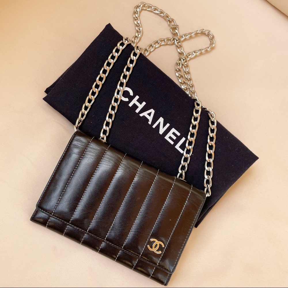 Chanel CC Mini Flap Black Contrast Vertical Stitch Wallet on Chain